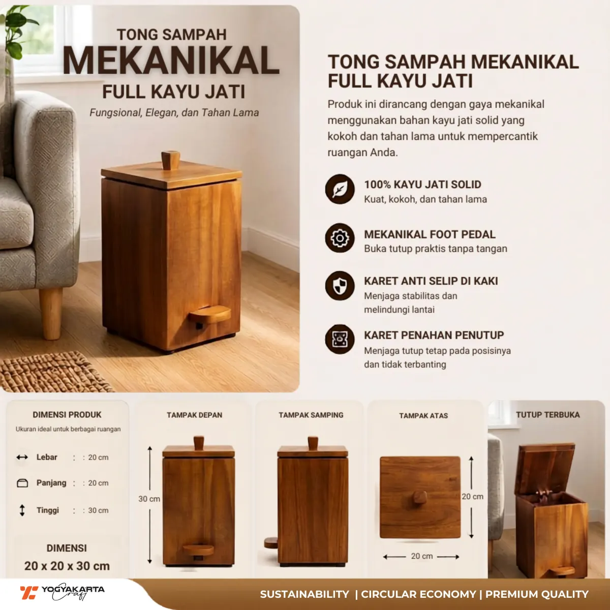 Teak wood trash bin with a mechanism