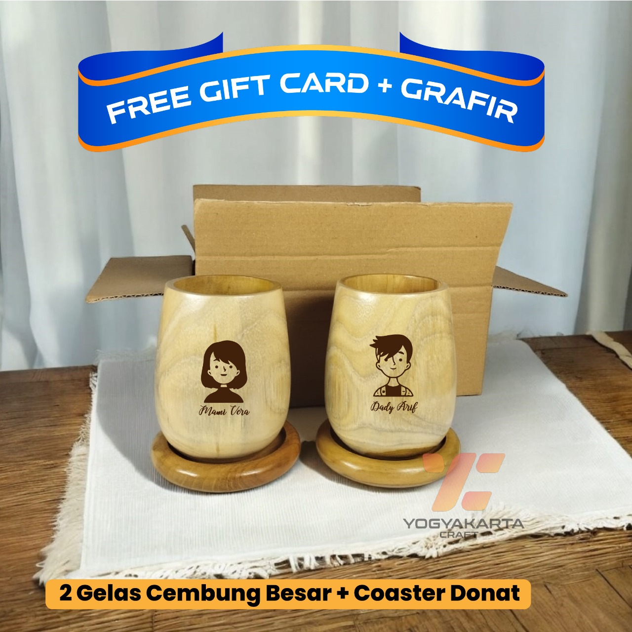 Hampers dua gelas cembung kecil kayu jati stainles + coaster