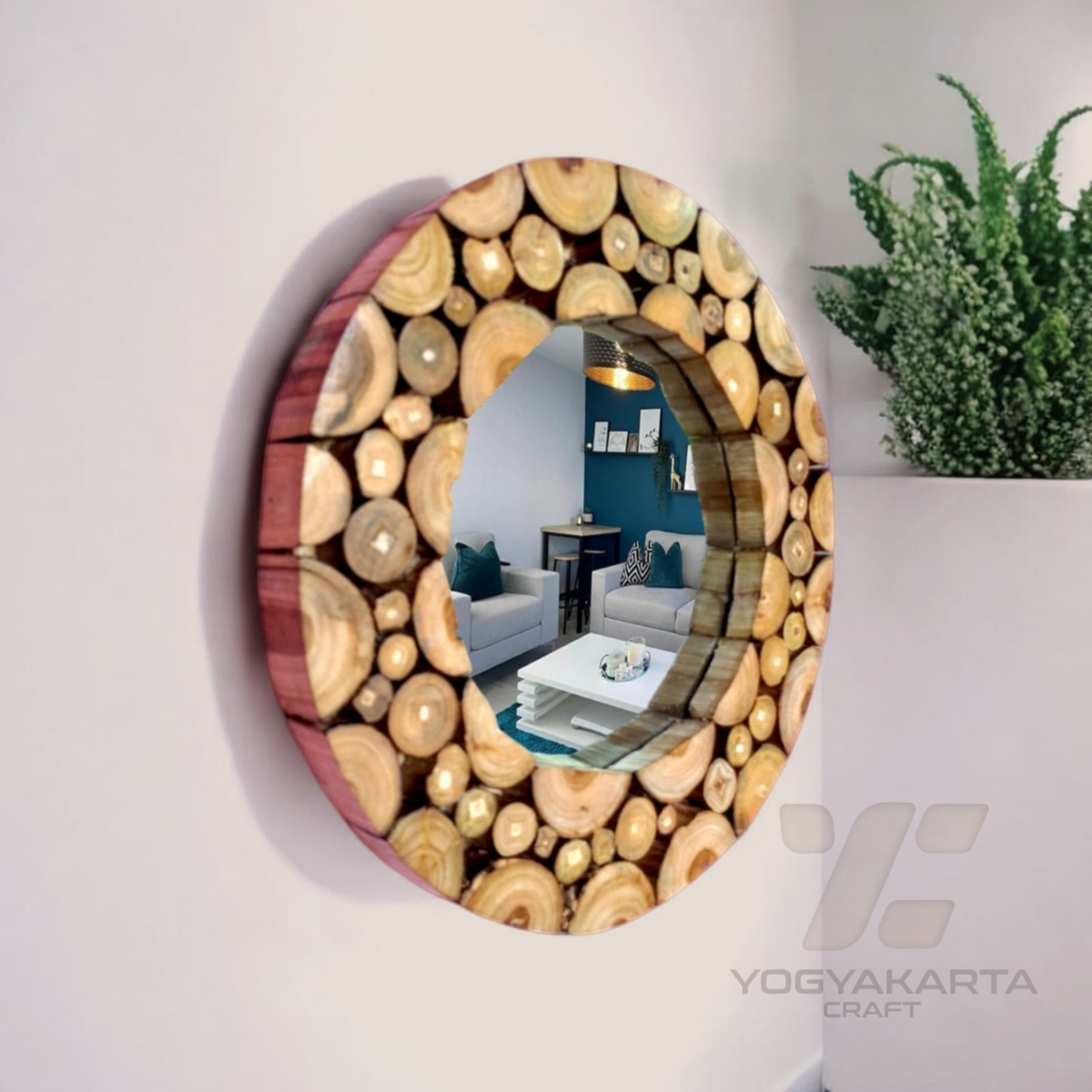 Cermin jati woodslice Diameter total 47 cm Aestetic