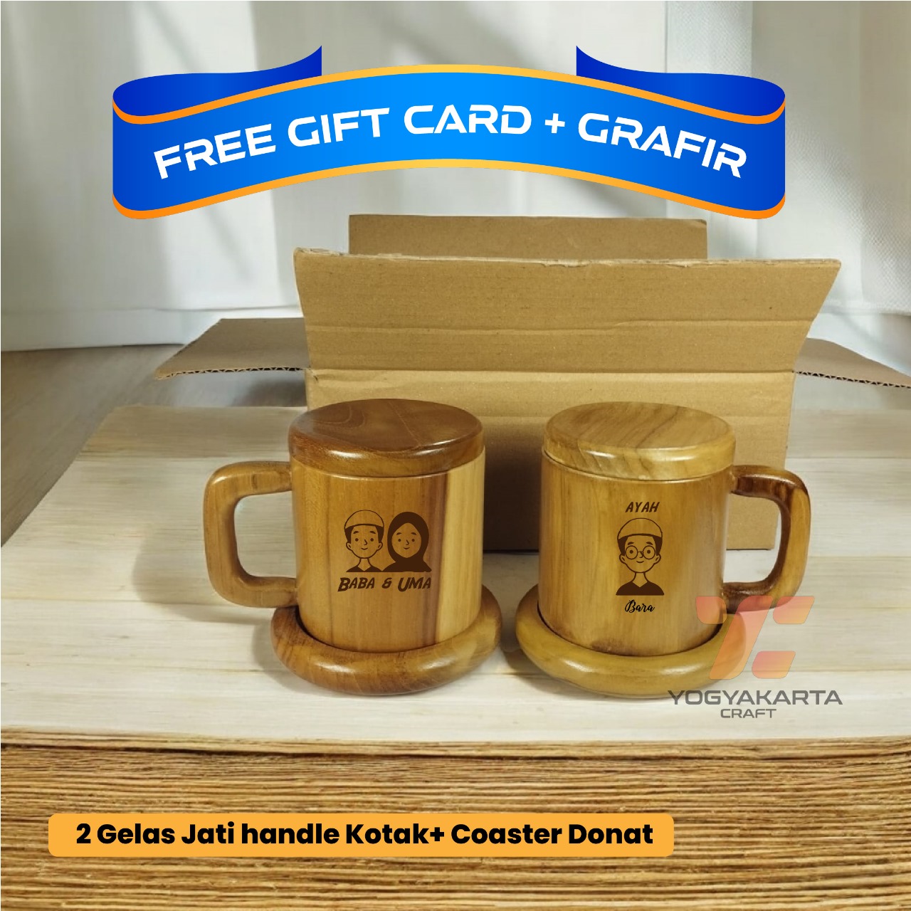 Hampers dua gelas kayu jati gagang kotak + coaster